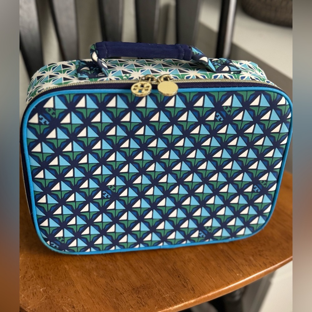 Tory Burch Insulated Lunch Box. Green and Blue Geometric Pattern